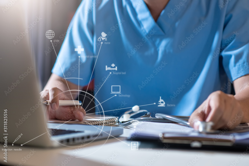 Medicine doctor hand working with modern digital tablet computer interface as medical network concept.
